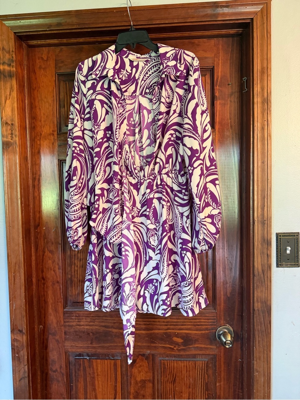Purple & White Long-Sleeve Printed Tie-Front Mini Dress